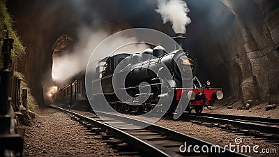 old locomotive A steam train that has been repaired and upgraded in a secret tunnel. The train is a modern and powerful Stock Photo