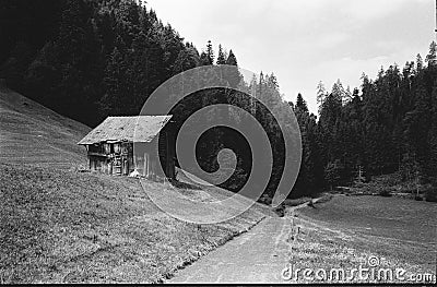 Old log huts for animal shelters in the Swiss Alps, with analogue photgraphy - 2 Stock Photo