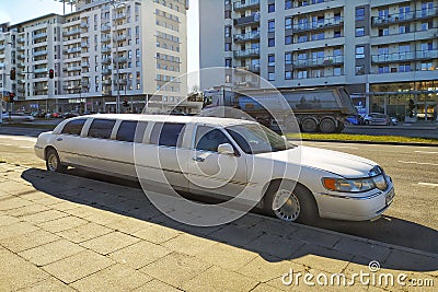 Old long white American limousine car parked Editorial Stock Photo