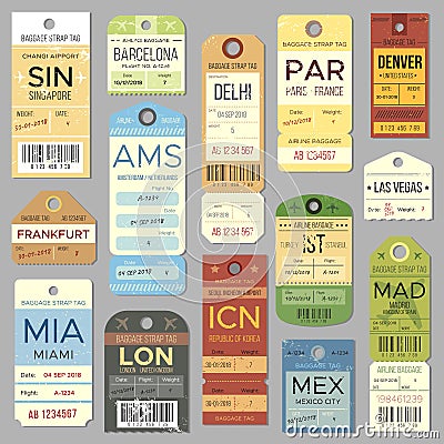 Old luggage tag or label with flight register symbol. Isolated vintage baggage tags and tickets vector set Vector Illustration