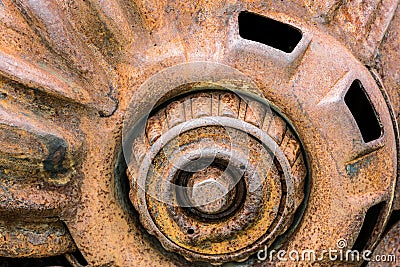 Old machinery details closeup. rusty gears and sprockets. Stock Photo