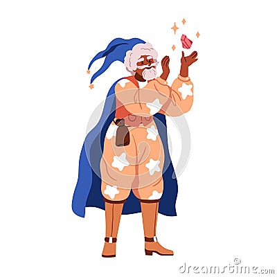 Old magician, wizard with magic crystal, gem stone. Fairy character, mage in hat and cloak, mantle. Sorcerer with Vector Illustration