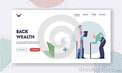 Old Male Character Visiting Doctor for Sore Back Treatment Landing Page Template. Backache and Lumbago Disease Vector Illustration