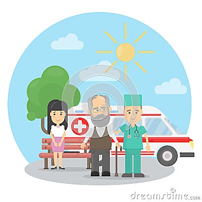 Old man with ambulance. Vector Illustration