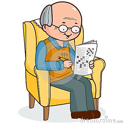 Old man in an armchair solving a crossword puzzle. Vector illustration Vector Illustration