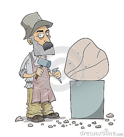 Old man sculptor with big rock Stock Photo