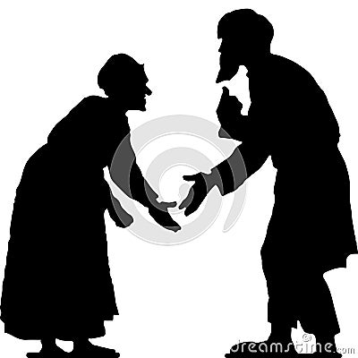 Old man with a beard and old woman arguing, hunched, black silhouette on white background Vector Illustration