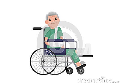 Old man with broken leg sitting in the wheelchair. grandfather in a wheelchair with broken bone. flat design illustration. Cartoon Illustration