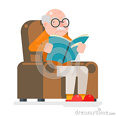 Old Man Characters Read Book Sit Chair Adult Icon Flat Design Vector Illustration Vector Illustration