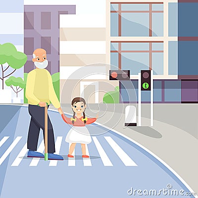 Old man crossing street flat vector illustration. Crosswalk, traffic lights signal. Senior people assistance concept Vector Illustration