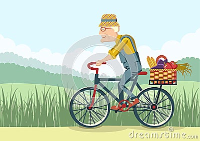 Old man drive by bike.Vector gardener Vector Illustration