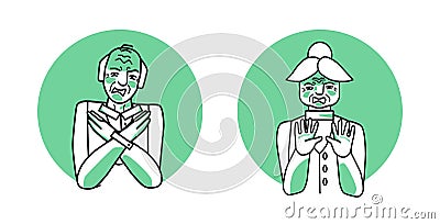 Old man and elder woman with emotion of disgust circle icons, facial expression with hands. Disgusted people expressing their Vector Illustration