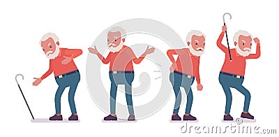 Old man, elderly person with cane having heart, back ache Vector Illustration