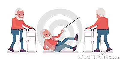 Old man, elderly person with medical walker, cane slippery Vector Illustration