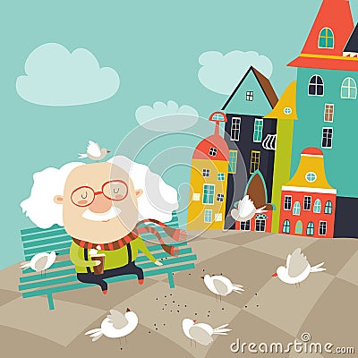 Old man feeding pigeons Vector Illustration
