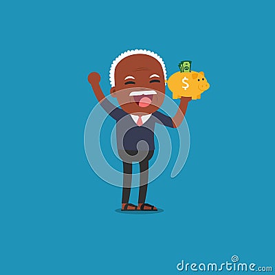 Old man with golden piggy bank. Vector Illustration