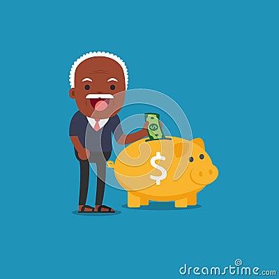 Old man with golden piggy bank. Vector Illustration