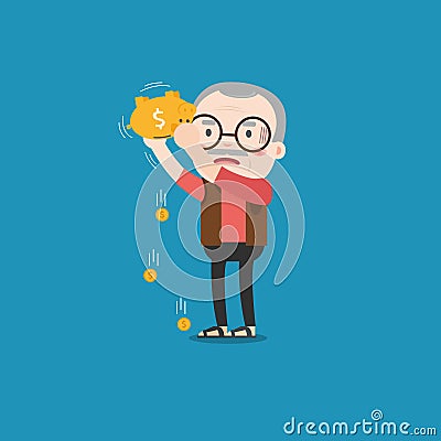 Old man with golden piggy bank. Vector Illustration