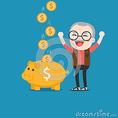 Old man with golden piggy bank. Vector Illustration