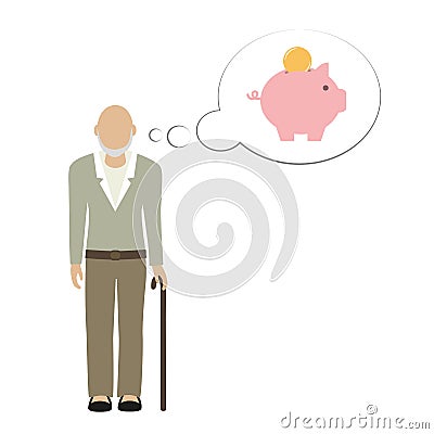 Old man grandpa character thinking about saving money in piggy bank Vector Illustration