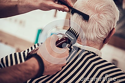 An old man with gray hair came to a barbershop. Stock Photo