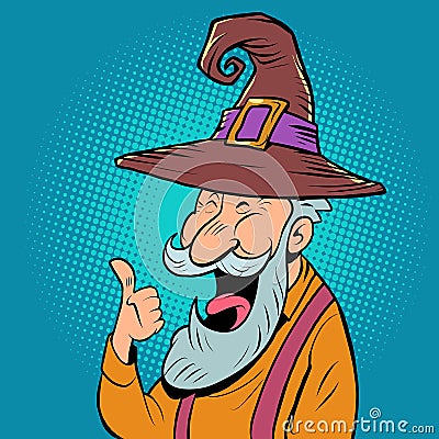 an old man in a halloween hat with a gray beard laughs. Positive elderly senor Vector Illustration