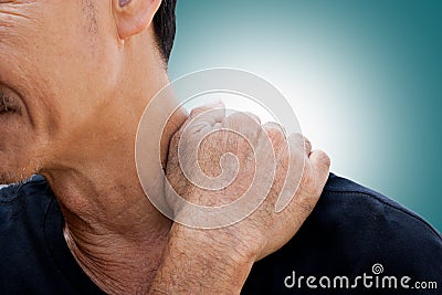 The old man has pain in neck Stock Photo