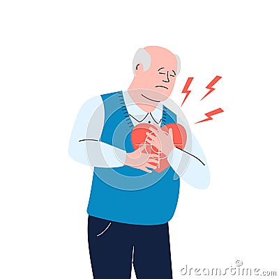 Old man hold at chest, heart attack and pain. Cardiovascular diseases, senior patient with ischemic symptoms. Stress and Vector Illustration