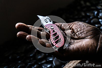 Old man holding a red pocketkife in his wrinkled hand. Stock Photo