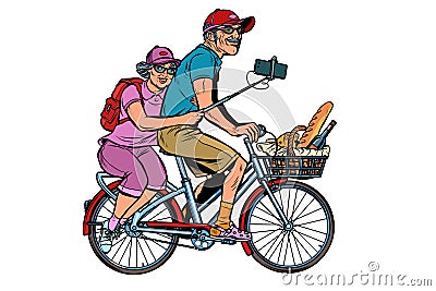 Old man and old lady travelers on bike, selfie on smartphone Vector Illustration