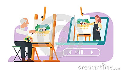 Old man learns to draw in online art studio. Grandfather painting picture at easel. Painter lesson broadcast. Video Vector Illustration