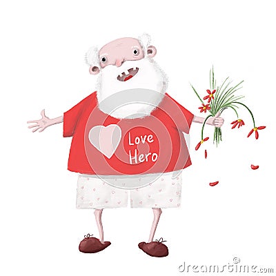 Old man in love, funny love hero valentines illustration Cartoon Illustration