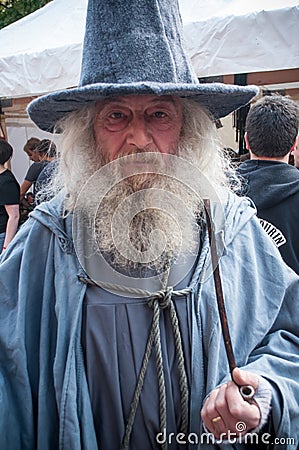 Old man with medieval costume and beard at the steam punk exhibition in Kaysersberg village Editorial Stock Photo