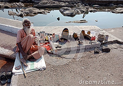 Old man nearby river of india street portraits Editorial Stock Photo