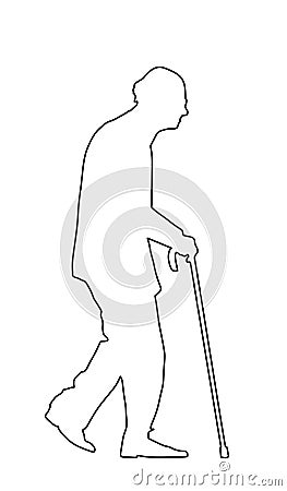 Old man person walking with stick silhouette. Elderly senior walking, vector isolated on white. Mature person in active life. Vector Illustration