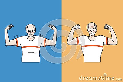 Old man before and after physical activity Vector Illustration