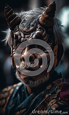Old man. Portrait of Japanese style warrior in the fearsome mask. Beautiful illustration picture. Generative AI Cartoon Illustration
