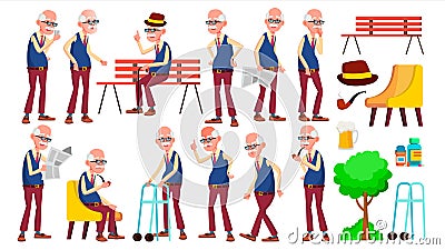 Old Man Poses Set Vector. Elderly People. Senior Person. Aged. Friendly Grandparent. Banner, Flyer, Brochure Design Vector Illustration