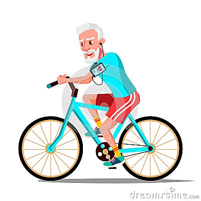 Old Man Riding On Bicycle Vector. Healthy Lifestyle. Bikes. Outdoor Sport Activity. Isolated Illustration Vector Illustration