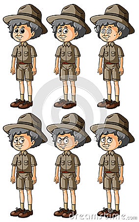 Old man in safari outfit with different emotions Vector Illustration