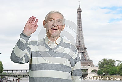 Old man saying hello in Paris. Stock Photo