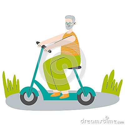 Old man on seat of electric scooter. Modern grandfather with eco-friendly moped. Rider sitting on chair of trendy urban Vector Illustration