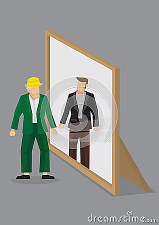 Old Man Sees Himself as Young Man in Mirror Cartoon Vector Illus Vector Illustration