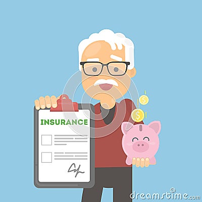 Old man shows money insurance. Vector Illustration