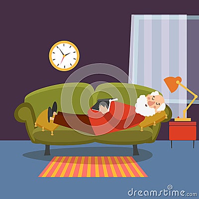 Old man sleeping on sofa with book. Elderly relaxing home or grandfather resting vector illustration Vector Illustration