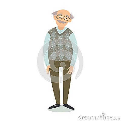 Old man standing. An elderly man in glasses. Senior man with moustache. Cartoon vector hand drawn eps 10 childrens Vector Illustration