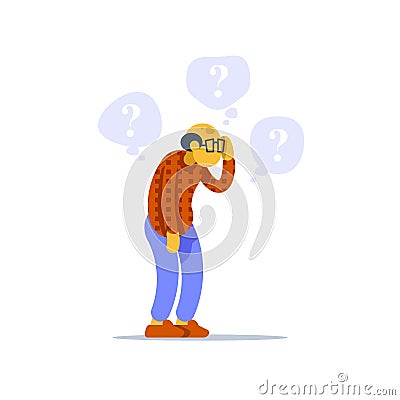 Old man standing and thinking, concerned senior person, question mark bubble, scratching head Vector Illustration