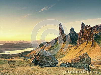 Old Man of Storr rocks with clear sky Isle of Skye Scotland, February morning Stock Photo