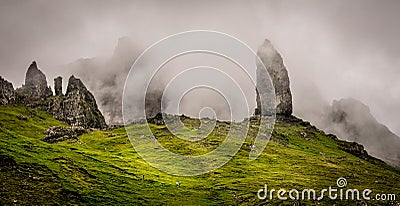 The Old Man of Storr on the Storr, covered in mist or clouds Stock Photo