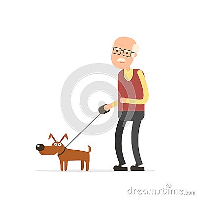 Old man walking with dog Vector Illustration